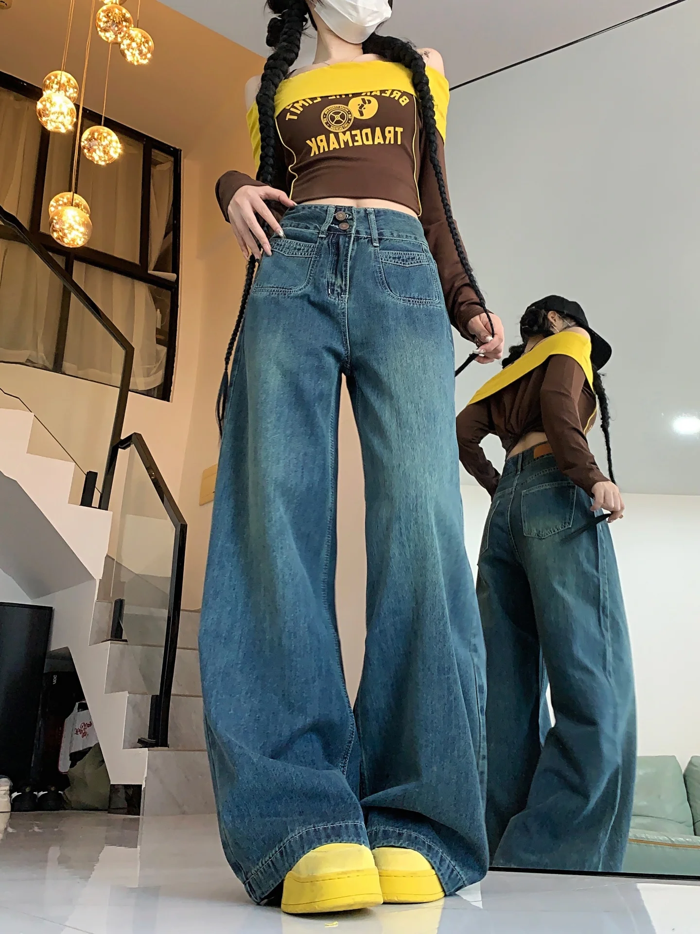 بالإضافة إلى حجم Fce اصطف ثي الدينيم السراويل النسائية الخريف الشتاء فضفاضة عالية الخصر ضئيلة مستقيم واسعة الساق الجينز ل الكمثرى aped...