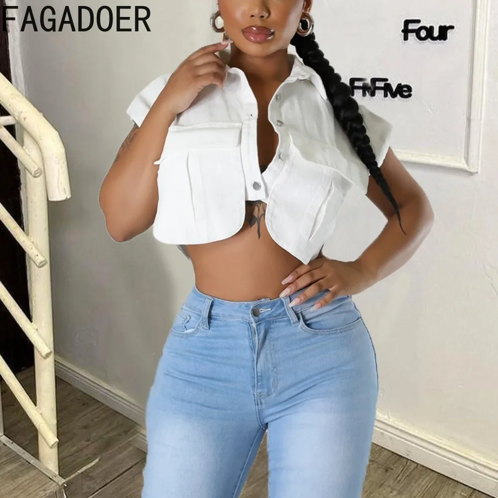 FAGADOER White Shirt Top Crop Top 2024 Summer Pockets Cargo Top Shirts Women Buttons Fashion Casual Ladies Office Street Wear