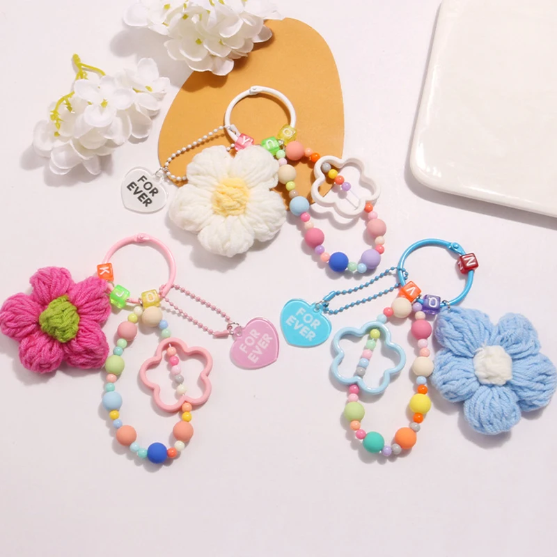 Cartoon Wool Knitted Flowers Key Chains Beaded Wristlet Lanyard Bracelet Keyring For Women Girl Bag Pendant Charms Keychain Gift