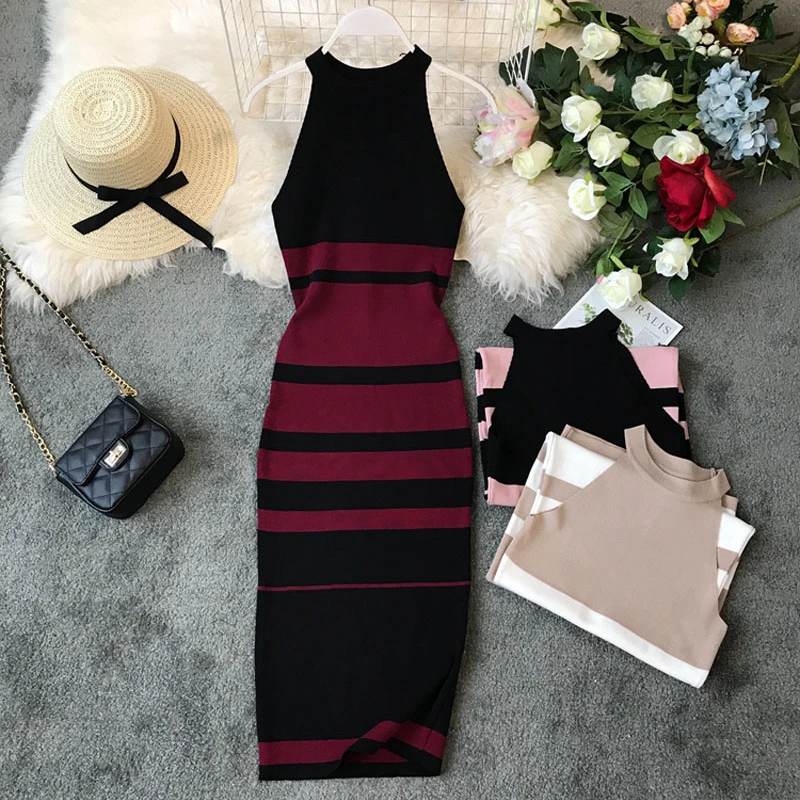 2024 summer women\'s hanging neck knit long dress round neck stripes hit color waist slim slim ming knit long dress office lady