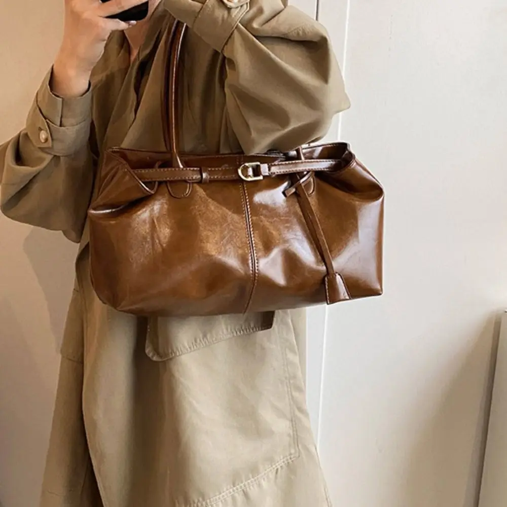 

Korean Style Vintage Shoulder Bag Tote Bag Solid Color Large Capacity Handbag Large Capacity PU Leather Underarm Packs Girls