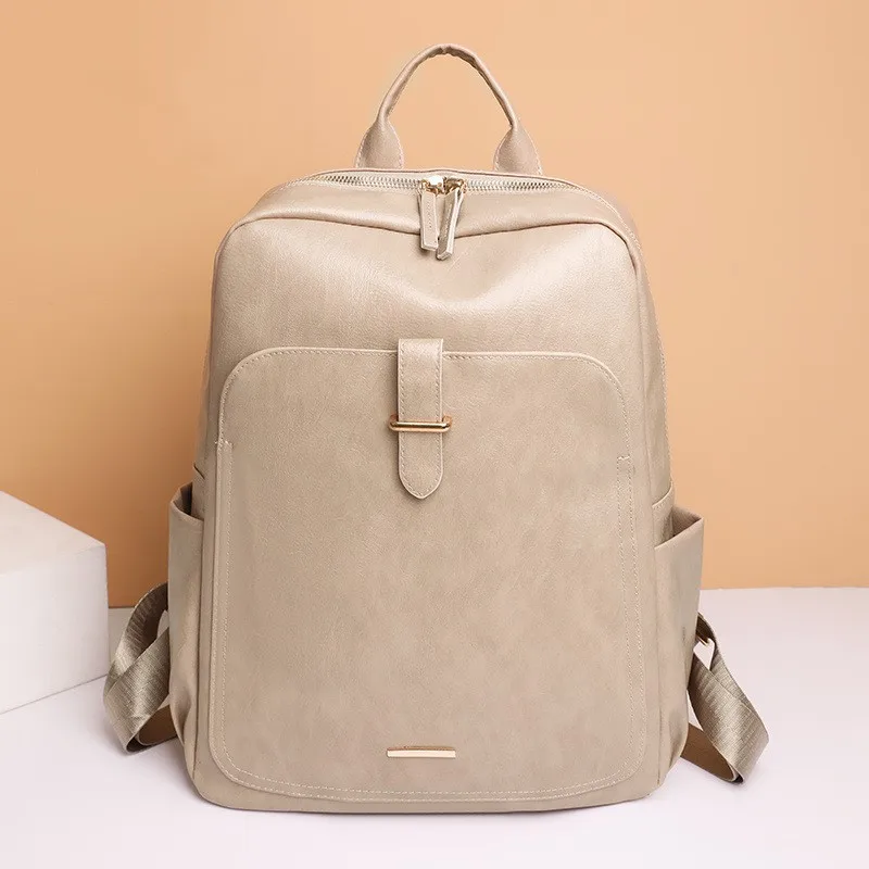 New Multifunctional Women\'s Backpack Simple Neutral Waterproof Laptop Bag Retro European Business Shoulder Bag Solid Color PU Ma