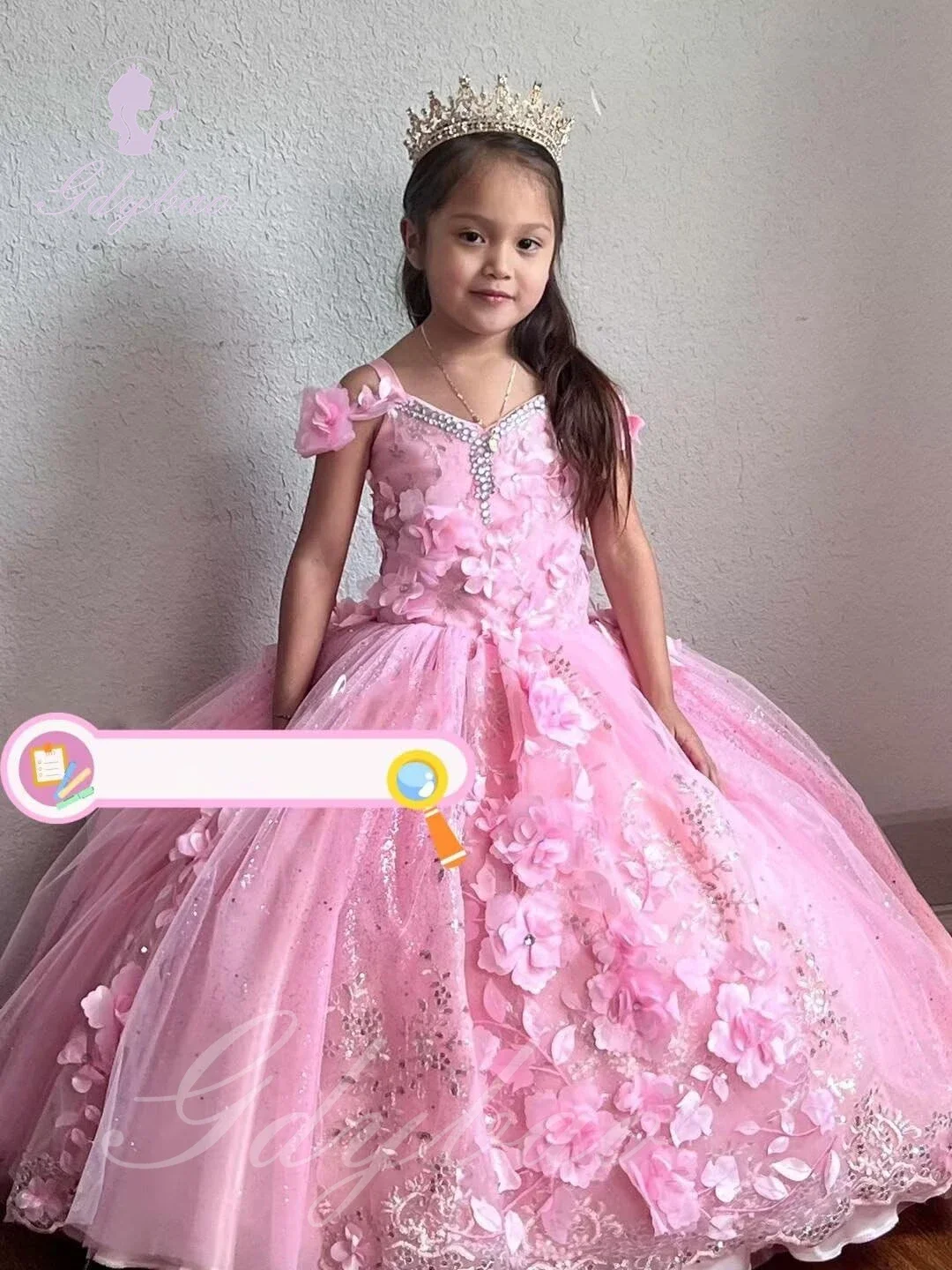 Pink 3D Floral Applique Flower Girl Dress With Bow for Wedding Kid Birthday Party Princess First Communion Ball Gown Customized