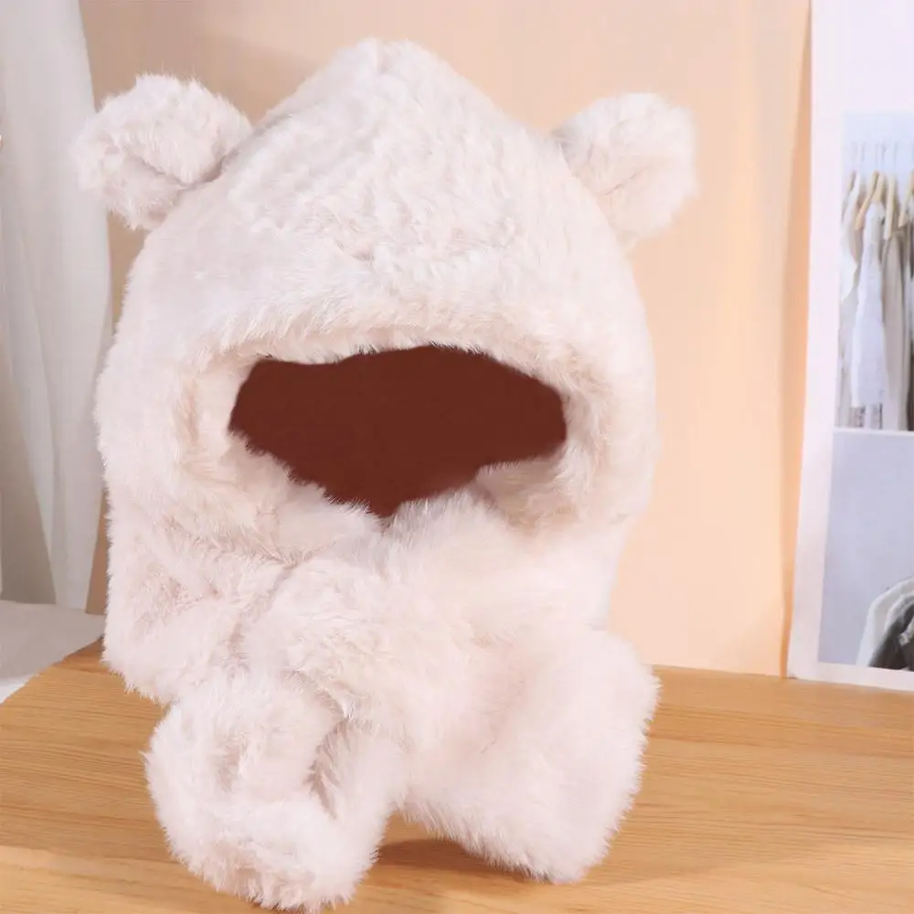 

Милая зимняя плюшевая шапка с медведем из искусственного меха, ветрозащитная цельная шапка, шарф, уличные мягкие теплые шапки с защитой ушей для мальчиков и девочек