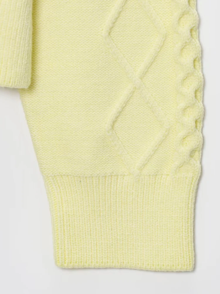 Kardigan Rajut Kabel Warna Kuning Muda untuk Wanita, Sweater Lengan Panjang Kancing Depan, Atasan Luaran Wanita yang Chic