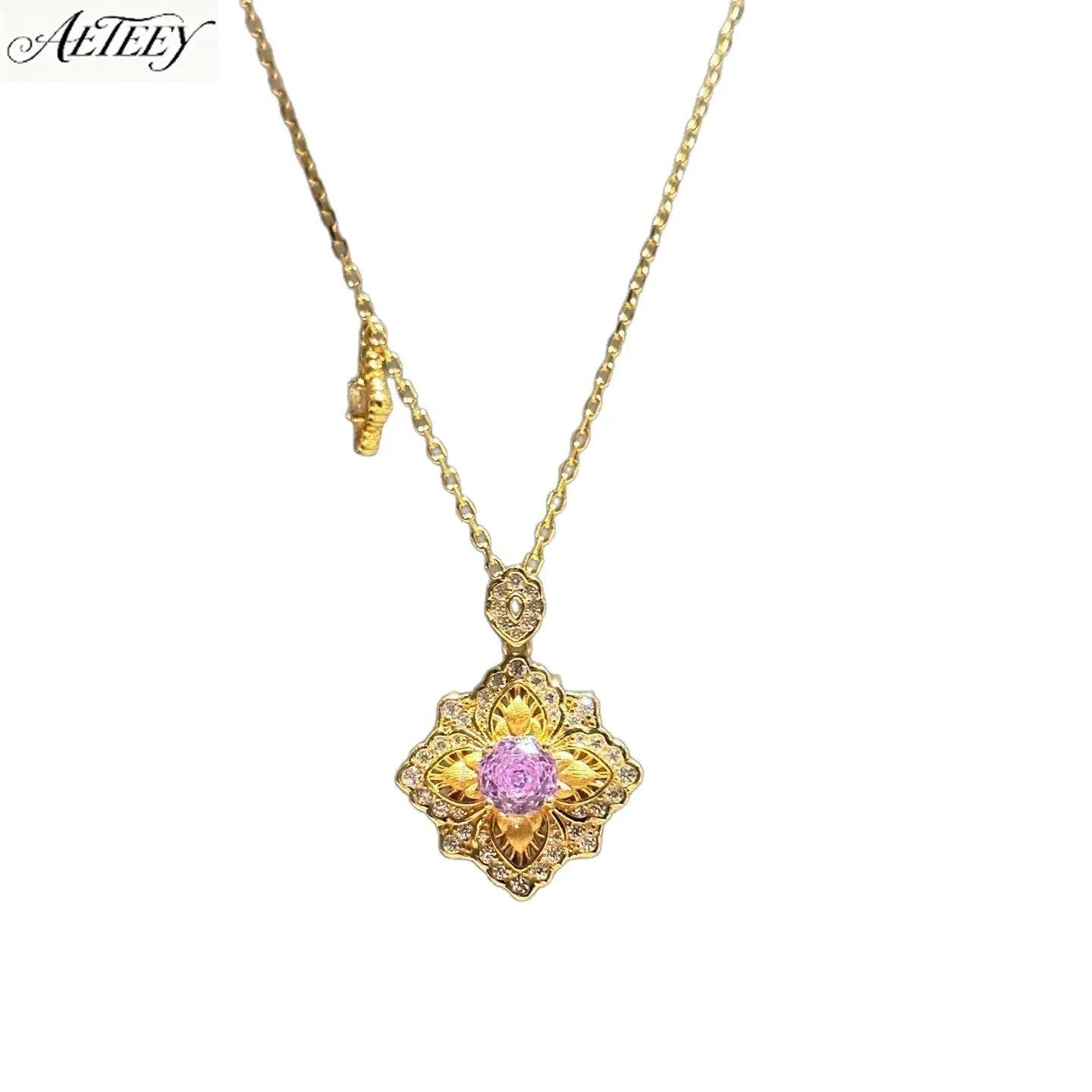 AETEEY S925 Sterling Silver Four-Leaf Flower Brushed Necklace Purple  Diamond Light Luxury Women Clavicle Jewelry