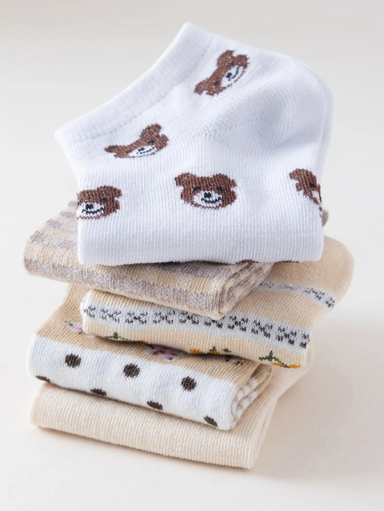 5 Pairs Women Low Tube Socks Set Cute Bear Pattern Fashion Breathable For Female Casual Style Comfortable Socks