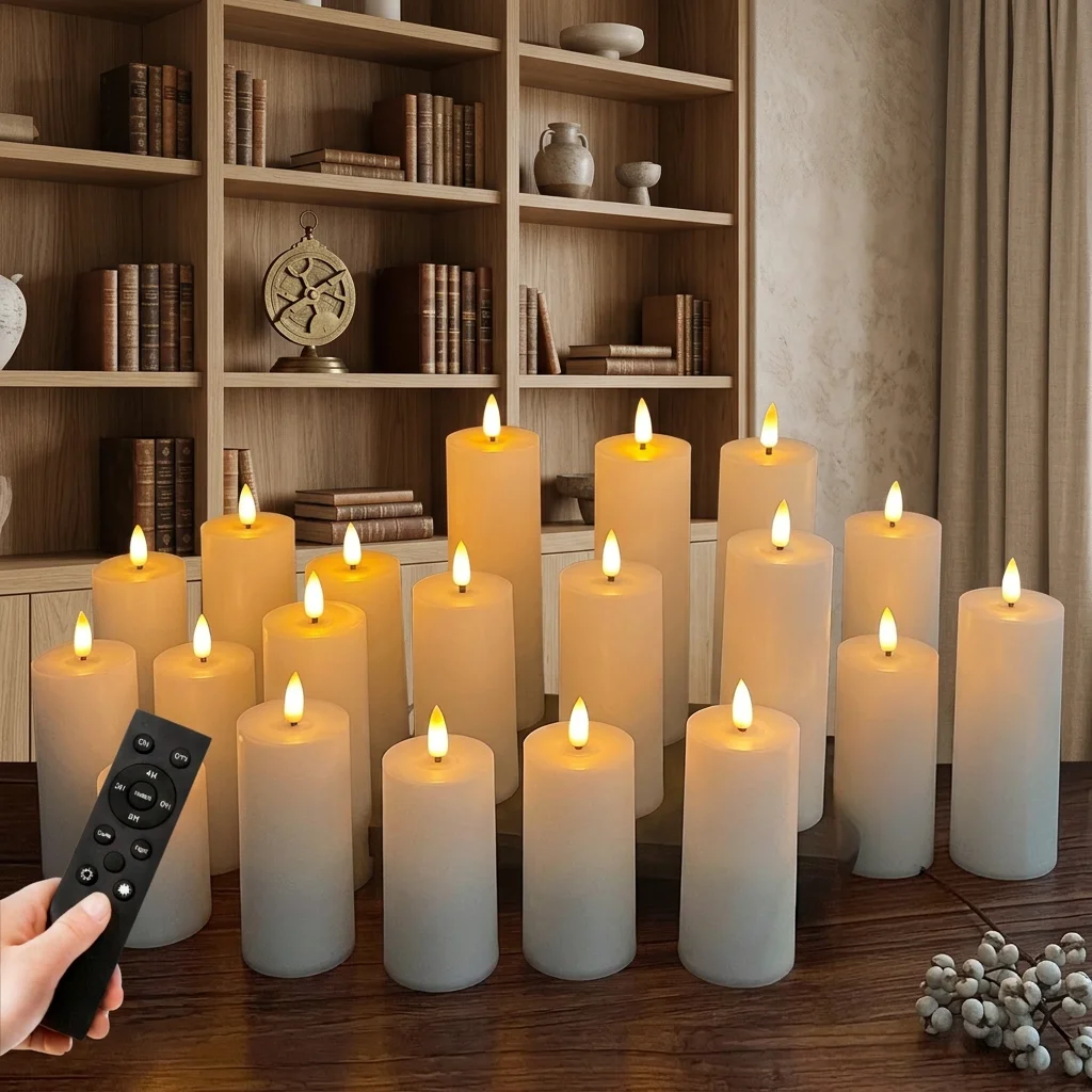24 candele a LED bianche a forma di colonna, con telecomando di grandi dimensioni, stoppini a fiamma 3D di diverse dimensioni, ideali per illuminare il corridoio del matrimonio, per cerimonie di