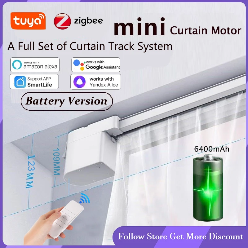 Tuya Zigbee Smart Mini Curtain Motor Battery 6400 mAh & Electric Curtains Track Rail RF Remote Alexa Yandex Alice Voice Contorl