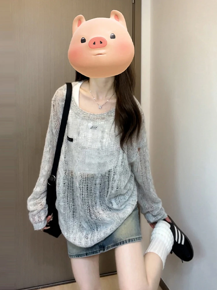 

Korean Sle Hollow out Thin Knitted Top Women Early Spring High End Lazy Long Sve Sun Protection Cover up irt