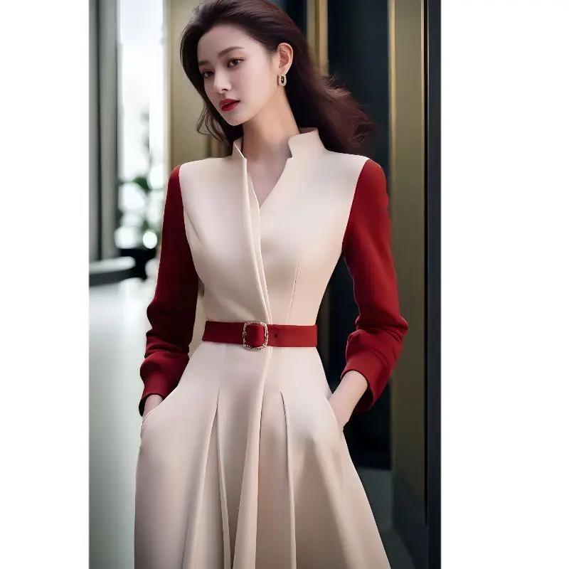 

Korean Ladies Patchwork Blouse Dresses 2024 New Dignified Elegant Midi Dress Summer Temperament Slim Pullovers Women's Clothing