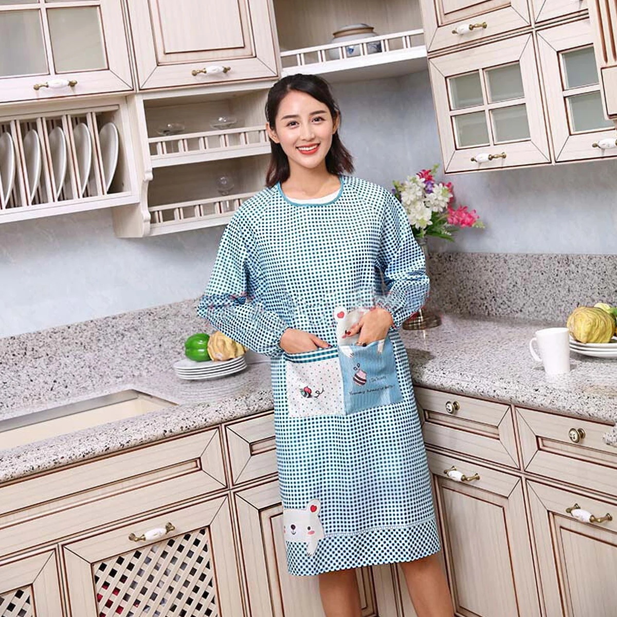 

Kitchen Long Sleeve Oil Resistant Easy Clean Home Restaurant Animal Print Cute Design Blue Simple Apron For Adults Wear