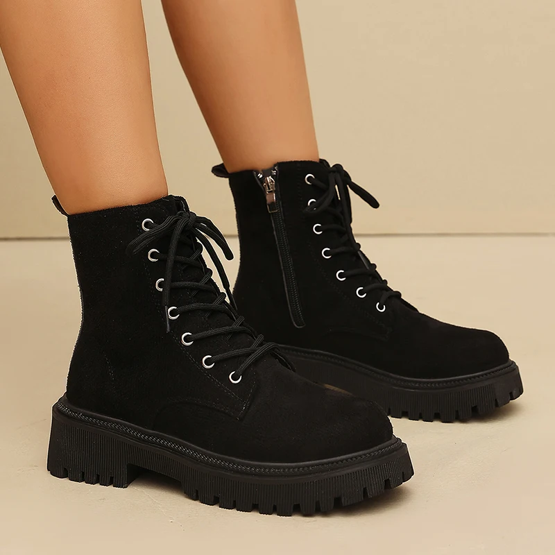 Botines de plataforma de ante, talla 42, para mujer, colección otoño 2026, antideslizantes, con cordones, botines cortos, color negro, tacón grueso, estilo militar.
