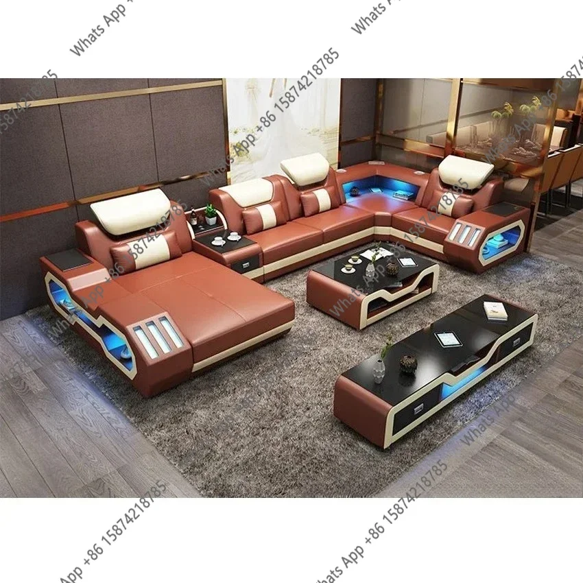 SM LED Lighted Sofa Set with Recliner, Speaker & USB Ports | Genuine Leather Sectional Couch with Console & Adjustable Headrests