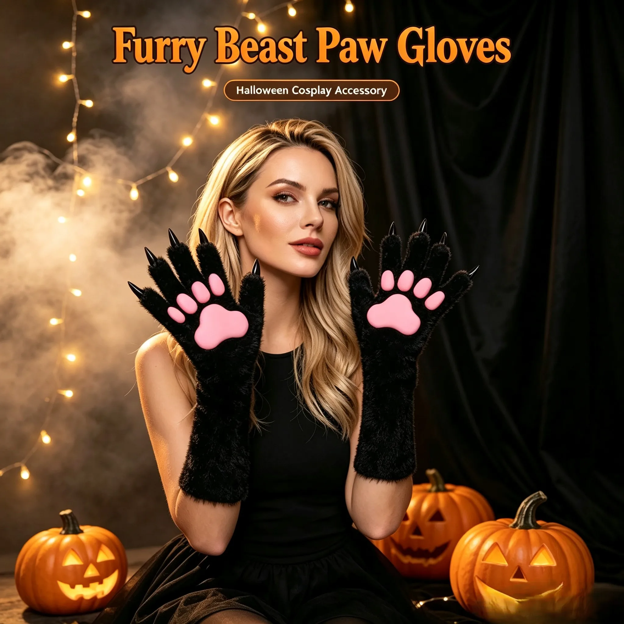 Furry Animal Paw Gloves with Claws & Paw Pads Long Cosplay Gloves Halloween Cat Wolf Monster Costume Accessory