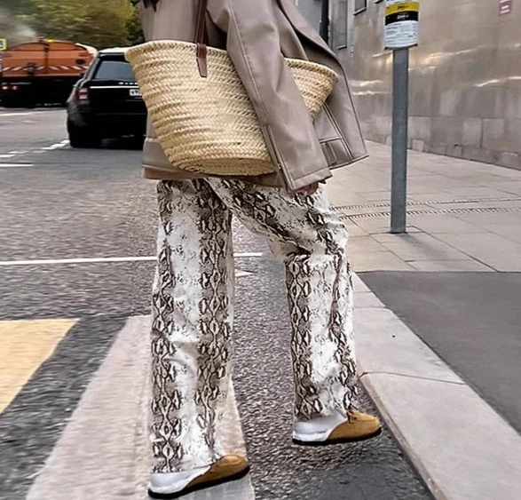 Spring 2025 New Vintage Snake-Print Loose High-Waist Straight-Tee Casual Pants