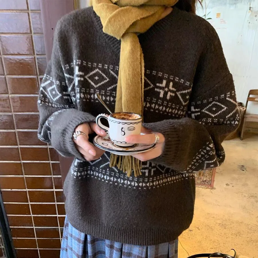 

Fair Isle Sweater for Women Comfy Knit V-Neck Pullover Oversized Jumper Teen-girl Autumn Winter Vintage Outfit