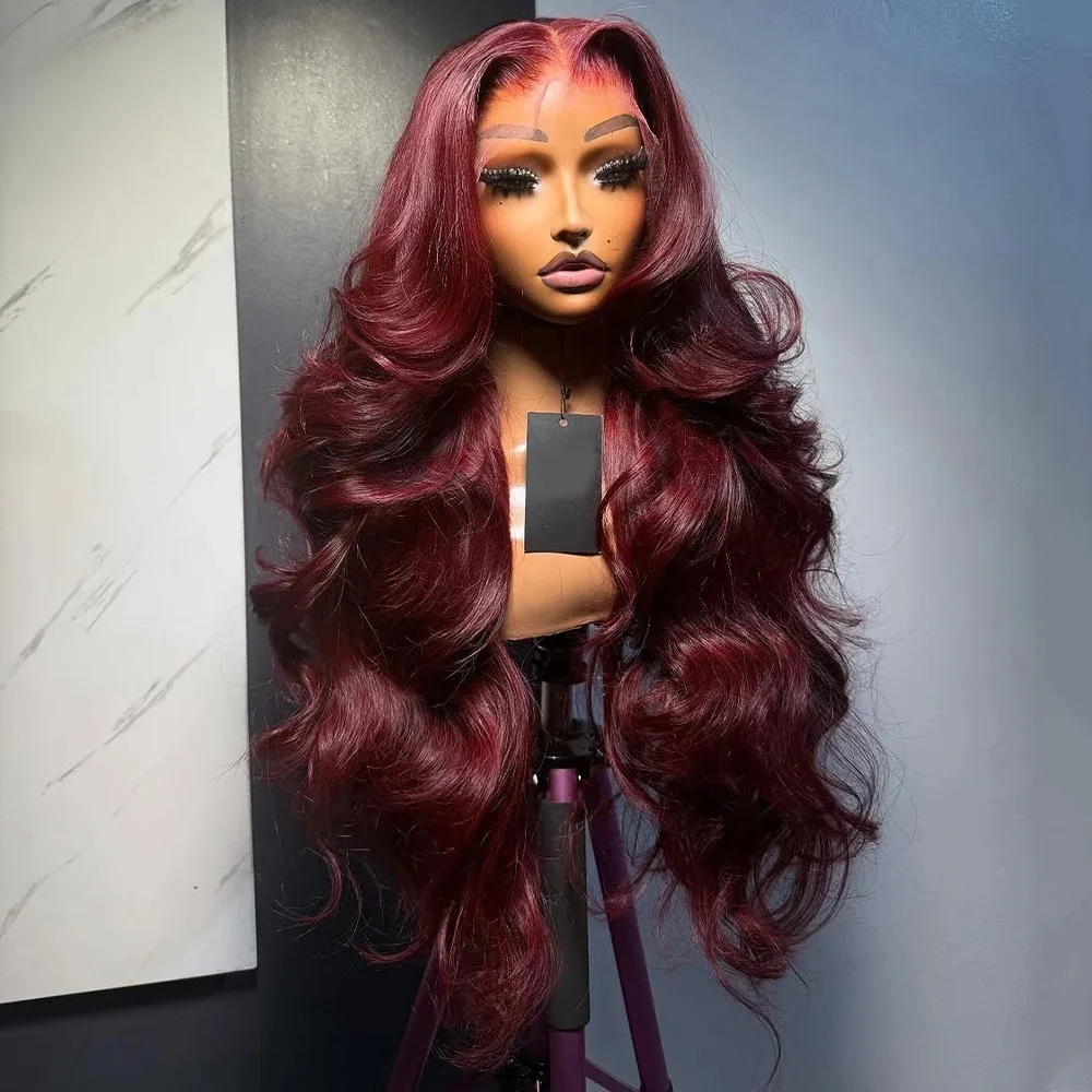 99j Burgundy Red Body Wave Lace Front Wigs 13x4 HD Lace Wig Synthetic And Blend Heat Resistant Cheap Wig On Clearance Cosplay
