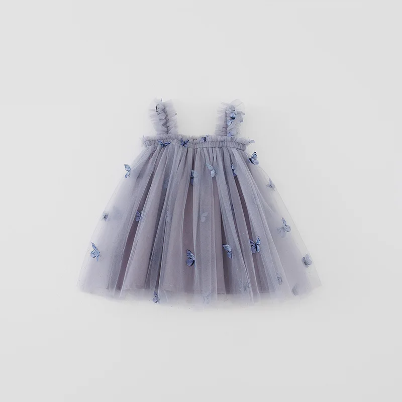 New Baby Girl Clothes Solid Colour Sweet Butterfly Decorated Mesh Sling Baby Girl Dress Birthday Party Cute Princess Puffy Dress