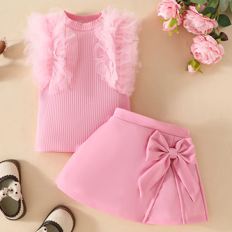 

2Piece Sets Summer Baby Girl Clothes Korean Fashion Sleeveless Mesh Pink Cute Baby Tops+Bow Shorts Boutique Kids Clothing BC197