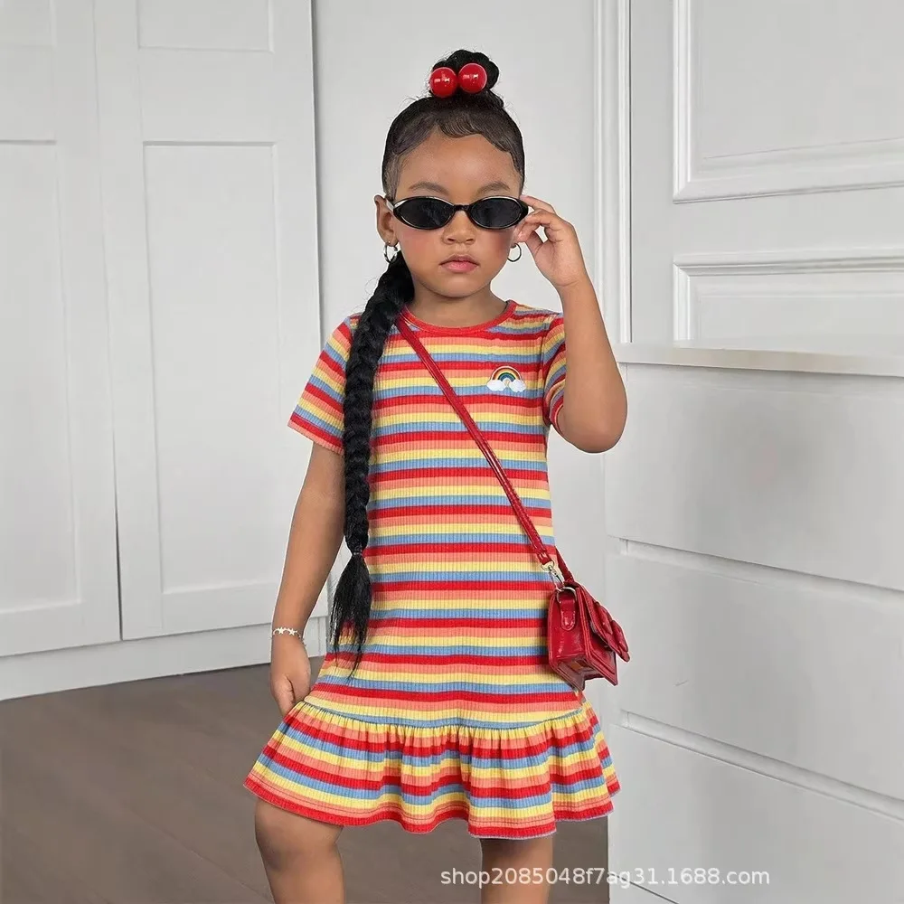 New Arrival Toddler Girl Sweet Striped Midi Dress, Rainbow Embroidery Short Sleeve Robe, Children Ruffle Edge Daily Wear