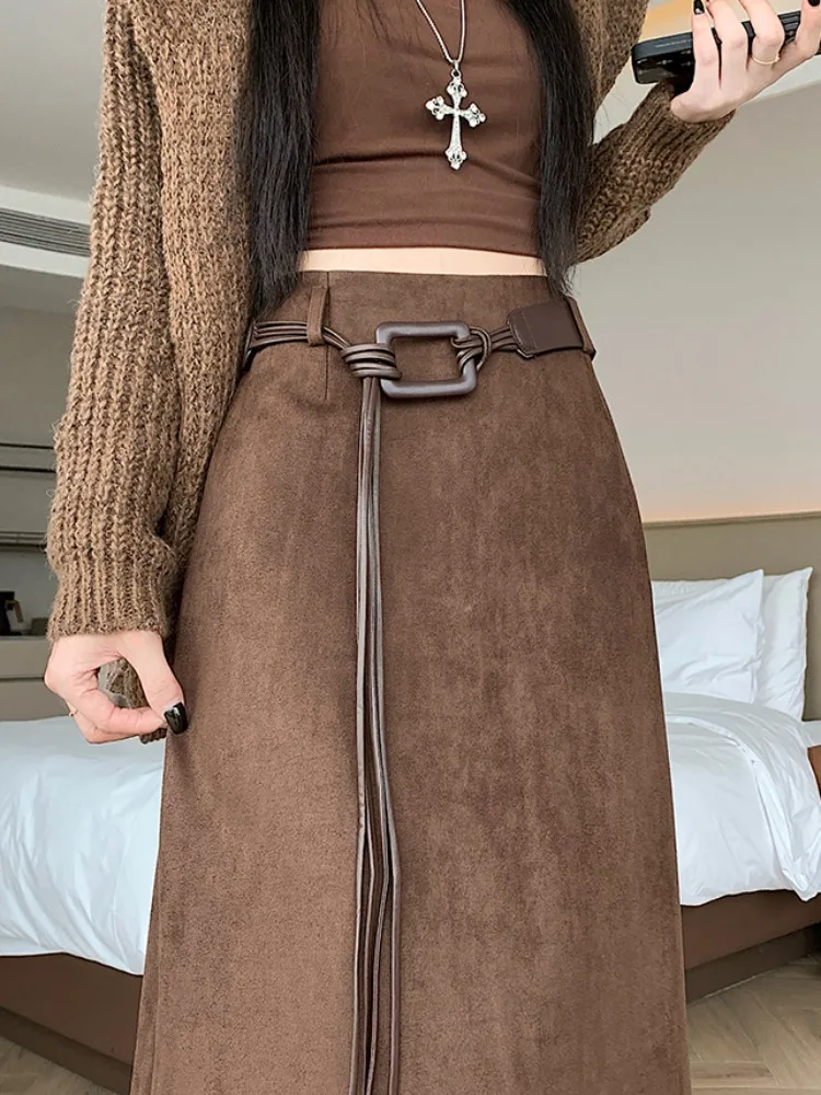 ハイウエスト スエード スカート スリット入り レディース ストレートカット ワンステップデザイン 秋冬 ファッション 通勤 スタイル