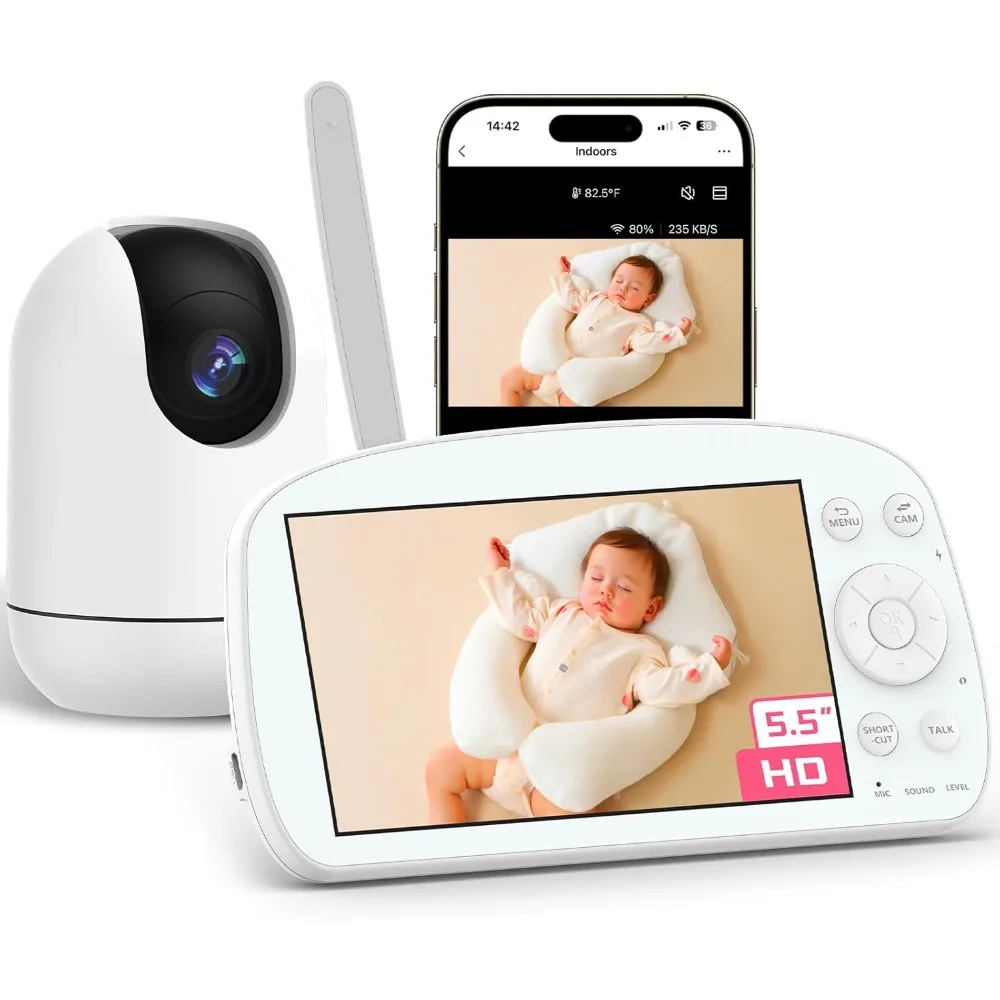 

Умная радионяня Wi-Fi с камерой и аудиосистемой, 5,5-дюймовый настенный дисплей 1080P, 360° ° Пан и наклон, HD ночное видение, успокаивающий мусс