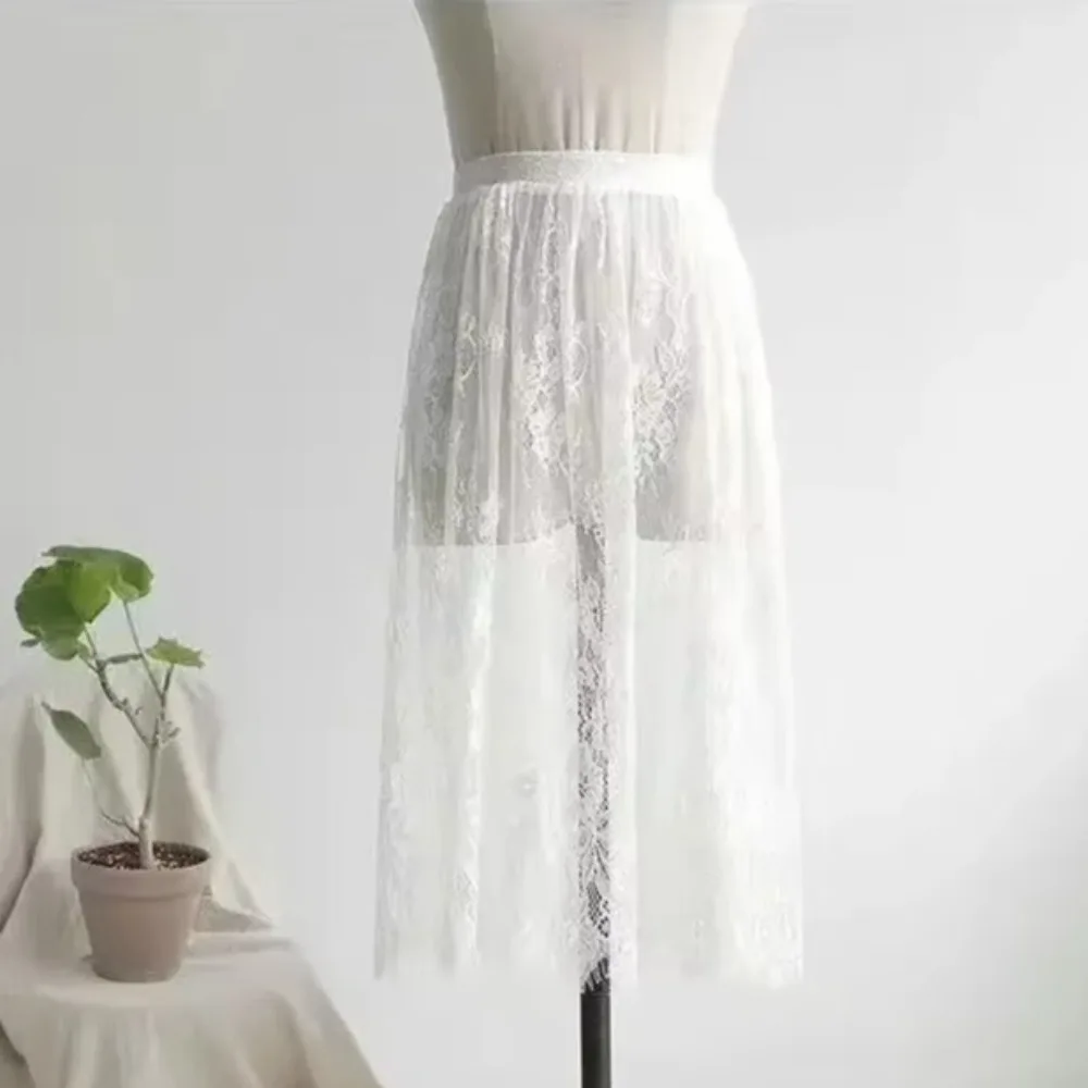أزياء شفافة مثير الدانتيل شبكة تنورة 2 طول الدانتيل طويل تول تنورة مرونة عالية الخصر أنيقة المرأة تنورة السيدات