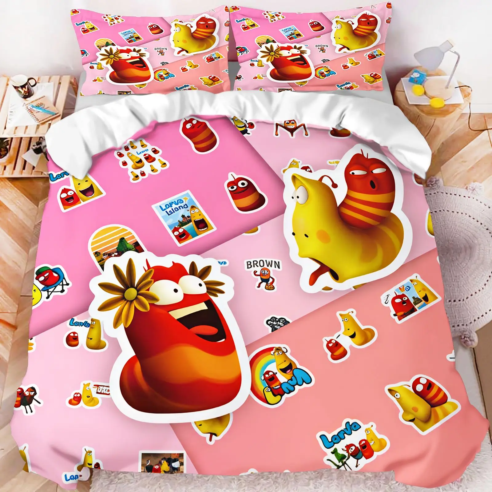 Larva Cartoon Bedding Set Pink Sticker Print Duvet Cover Pillowcase Cute Red Yellow Worms Kids Bedroom Quilt Cover