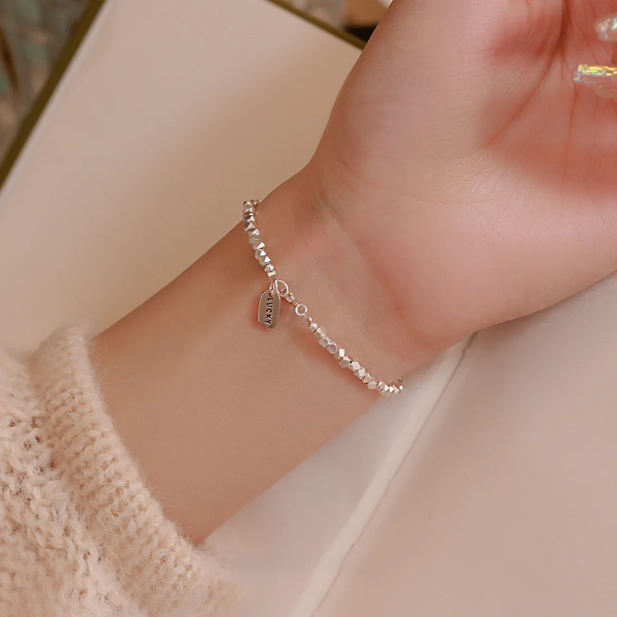 Sterling Silver Color Bracelets for Women Geometric Cubes Beads Charm Female Hand Chain Link Orignal Fashion Jewelry With Stam