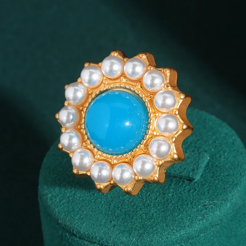 

Luxury Fashion Jewelry Sunflower Pearl Rings For Woman Blue Natural Stone Decoration Antique Vintage Party Designer Accessories