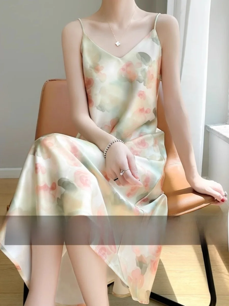 Ele Silk Long Dr Mujer Verano Base Satén Ropa interior V-Ne Vestido acampanado Cintura alta Vintage Sle Una pieza Dr