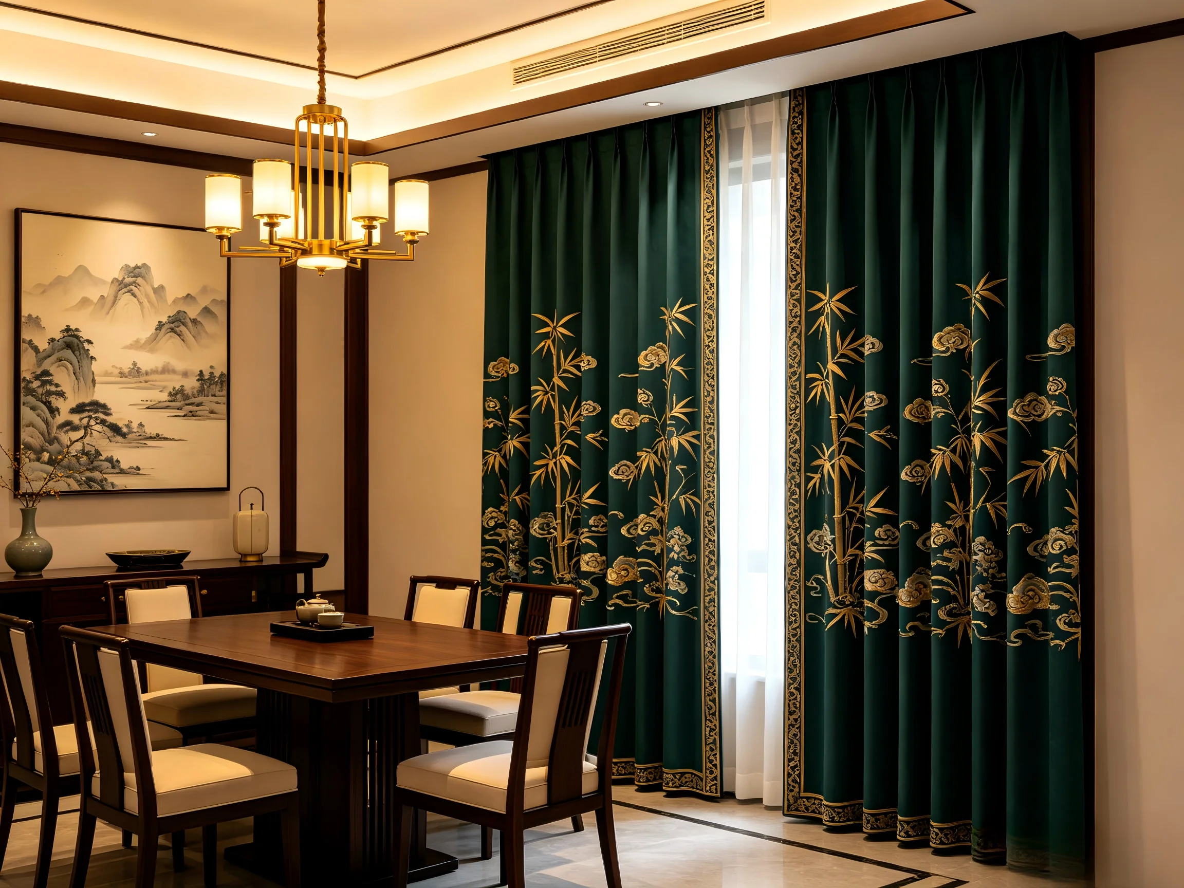 200128  Black green gold Oriental pattern jacquard curtain