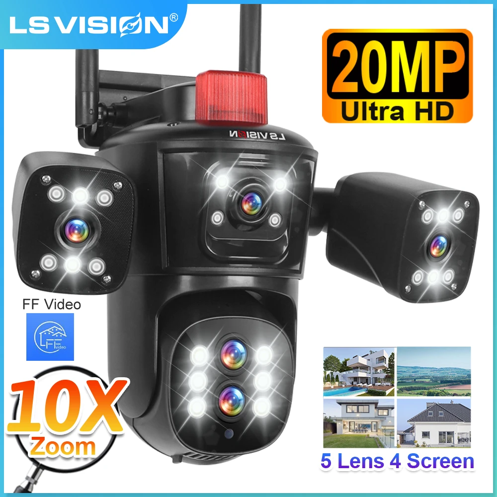 LS VISION 20MP WiFi IP Camera Four Screens 10X Zoom Wireless Outdoor PTZ CCTV Cam Five Lens Smart Tracking Wifi Surveillance Cam