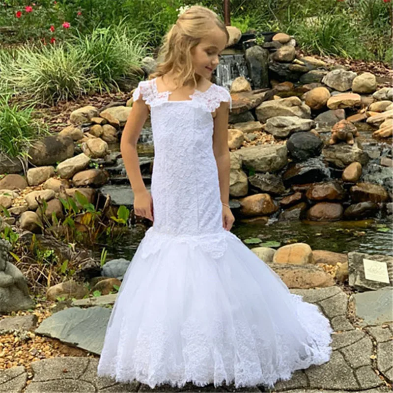 

Flower Girl Dress For Weddings Mermaid Long Short Sleeves Pageant Dresses Short Sleeve Feather Appliques Prom Gowns Vestido