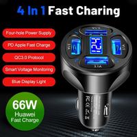 66W 4 In 1 Car Charger With Digital Display 4 Ports USB 3.0 Mobile Phone Charger Adapter For IPhone 14 Pro Max