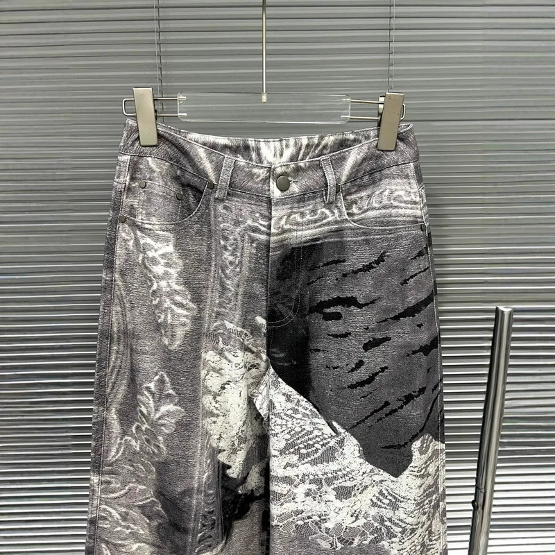 WTHT moda mujer diseño de impresión Irregular pantalones casuales 2025 otoño moda Pantalones rectos de cintura alta Mujer 1LS2526