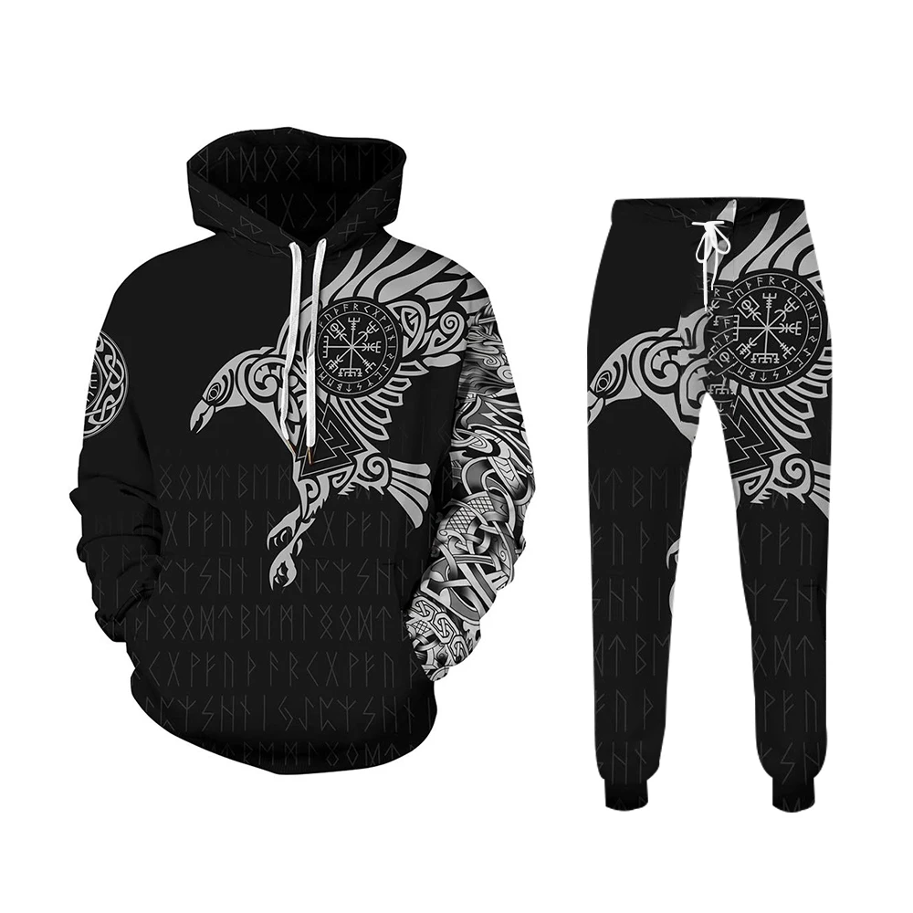 Men\'s Hoodies Set Vintage 3D Demon Print 2-Piece Hooded Sweat pants for Men Fall Casual Street Vintage Men\'s Fashion Sweatshirt