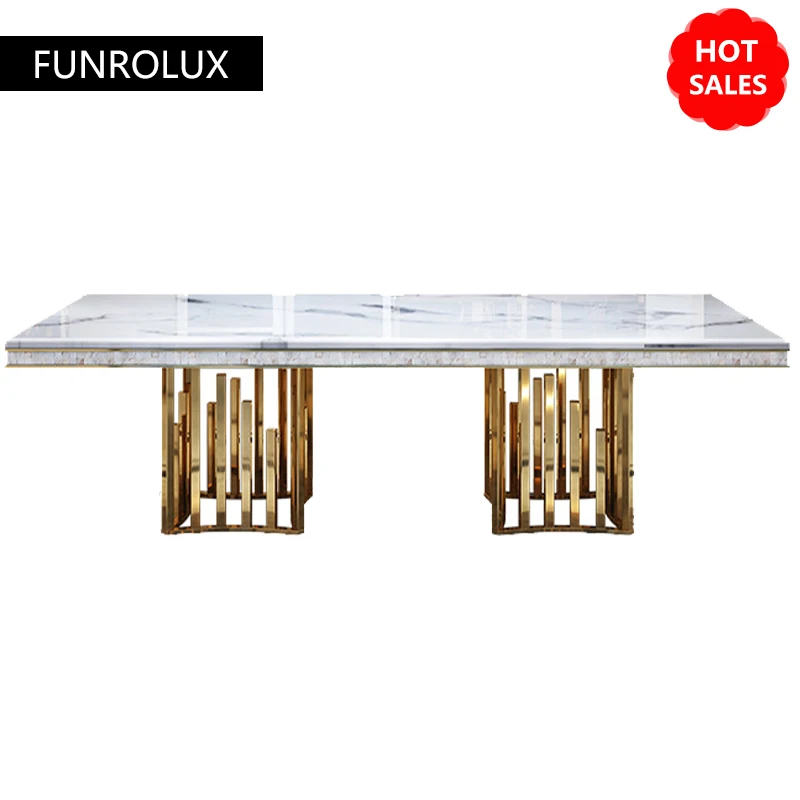 Modern Marble Dining Tables Modern Rectangular Gold Stainless Steel Large Apartment Dining Table