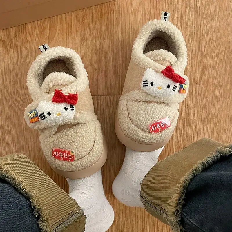 Kawaii Hello Kitty Women's Shoes 2023 Winter Thick Bottom Fleece-Lined Snow Boots Non-slip Light Comfortable Home Bread Shoes