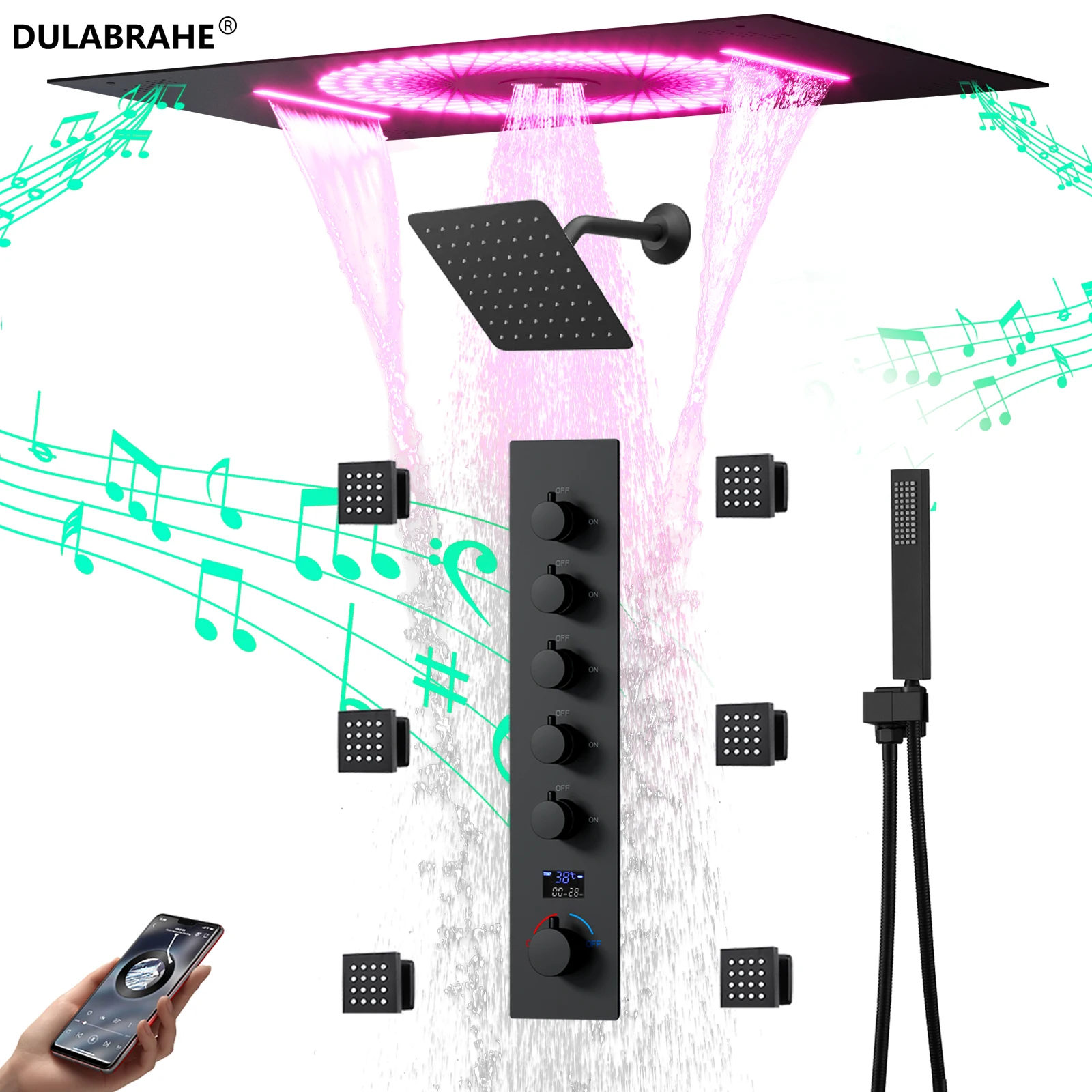 

Bathroom Luxury Matte Black LED Music Shower Systems Feature Ceiling Rainfall Dual Shower Head Digital Display Shower Set
