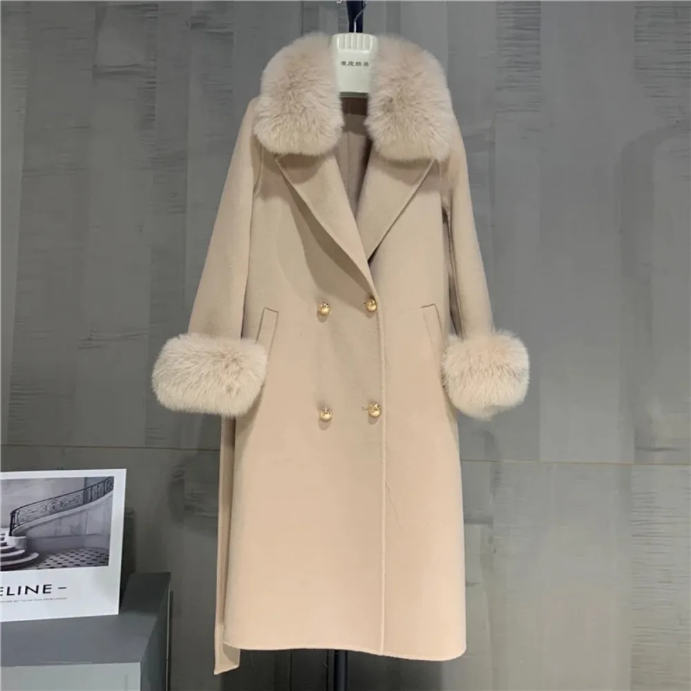 Giacca lunga di lana 2024 Donna Grande vera pelliccia di volpe Collo Moda Inverno Cashmer Cappotto misto Doppio petto Cintura Outwear Polsini