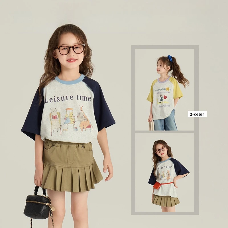

Girls' Cartoon Raglan Sleeve T-shirt Summer Outfit for Older Children, Stylish Color-blocked Short Sleeve Versatile Top