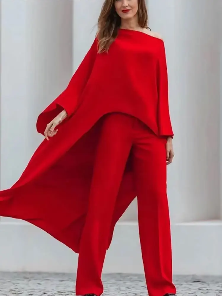 HH 2024 Female Summer Asymmetric Tops Resort Style Short Sleeves Cape Style Wild Round Neck Red Satin Loose Casual Tops
