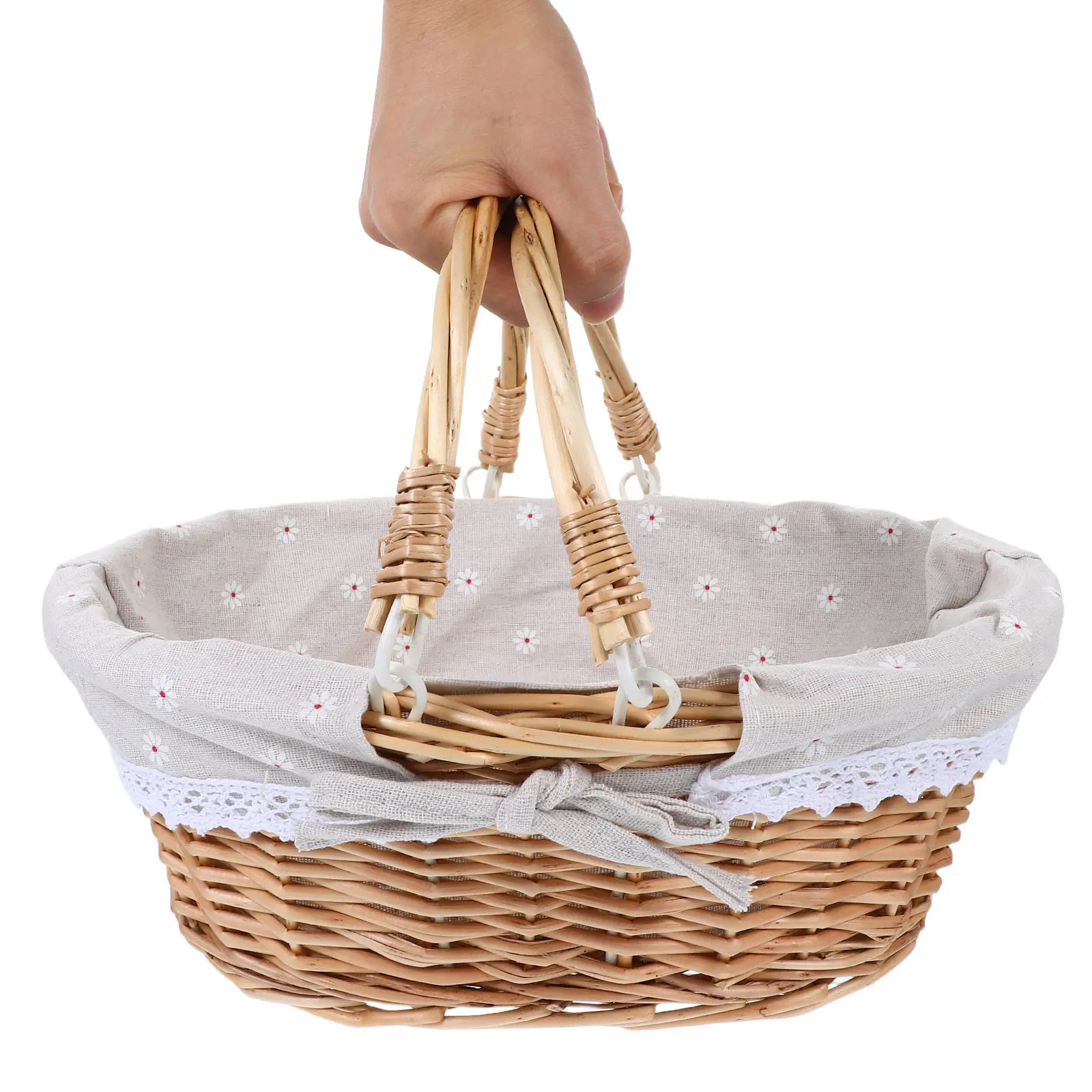 Handmade Rattan Wicker Picnic Basket Portable Woven Willow Storage Basket Rustic Harvest Flower Gathering Candy Hamper Beige