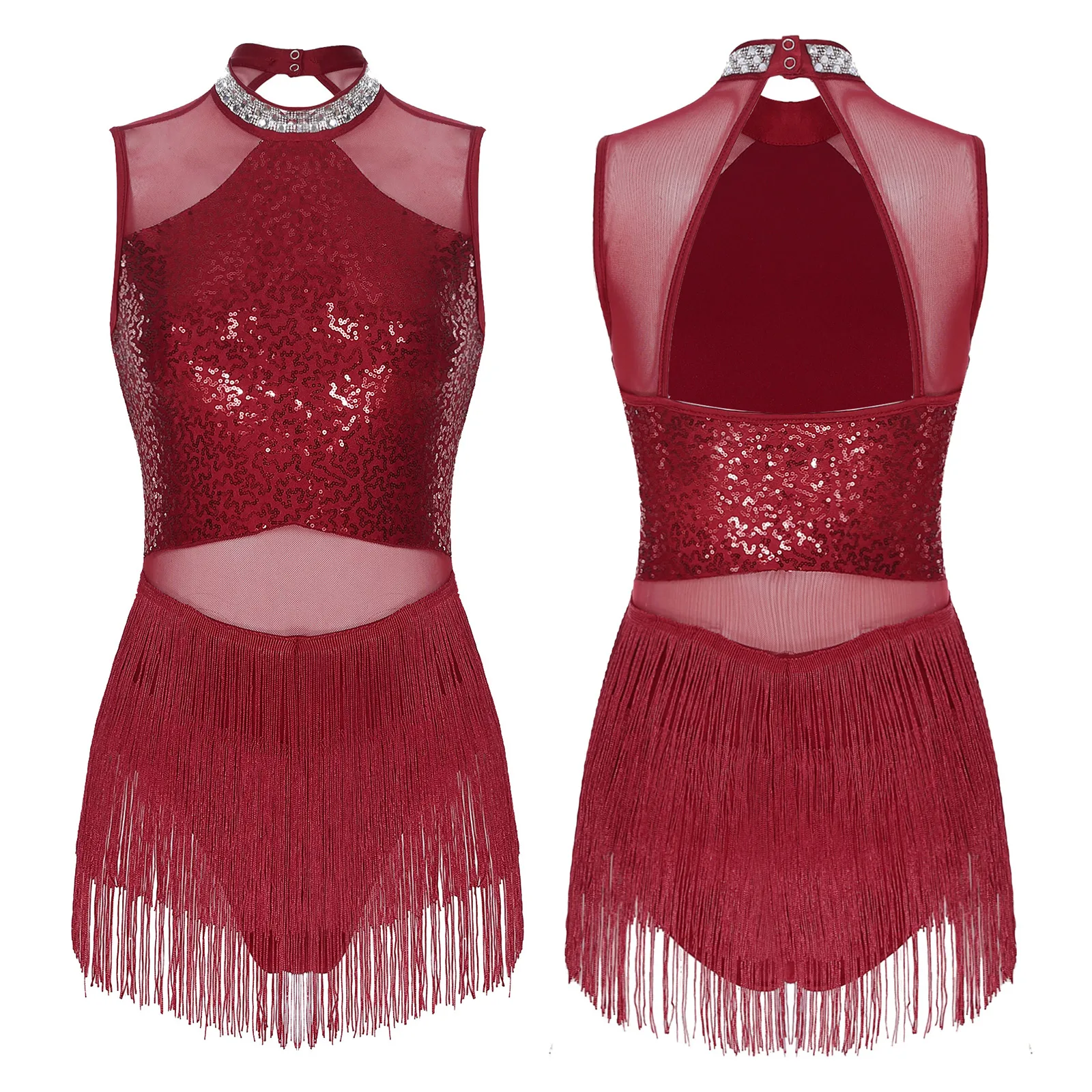 الكبار بلا أكمام شرابة يوتار فستان المرأة الترتر مهدب ارتداءها اللاتينية ملابس رقص التانغو تشا تشا رومبا السامبا Dancewear