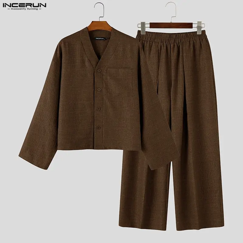 INCERUN Men Sets Solid Color Loose V Neck Long Sleeve Shirt Pants Two Piece Sets Streetwear Casual Tracksuits Men Matching Sets