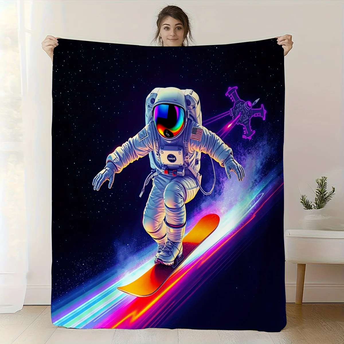 1pc Astronaut Skiing in Space Blanket - Soft Flannel Throw with Cosmic Design, Quick-Dry & Easy Care, Perfect for Bed, Sofa, Cam