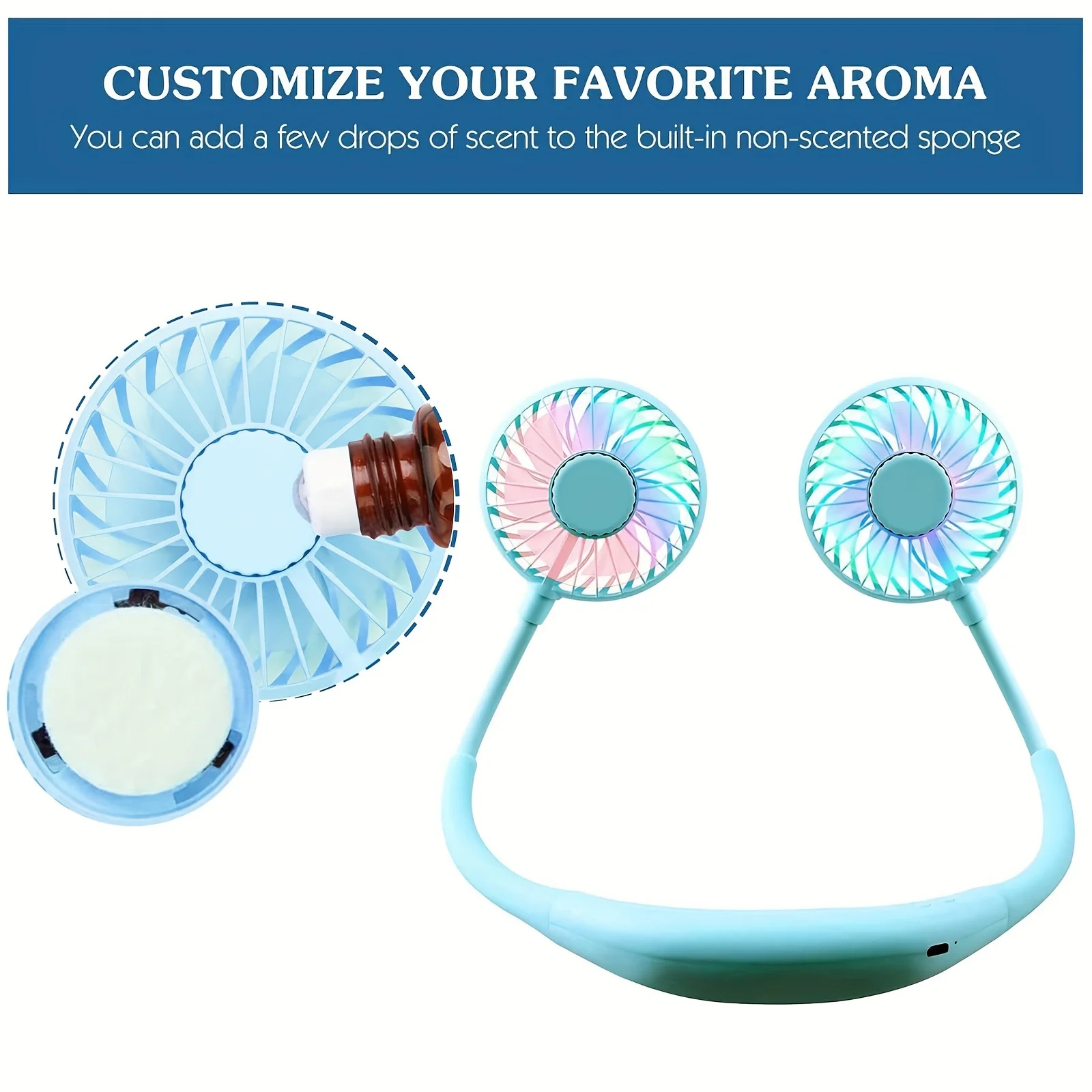 ° Portable Neck Fan with Color-Changing LED, Aromatherapy, and Strong Airflow - Rechargeable Lithium Battery, Button Control, W