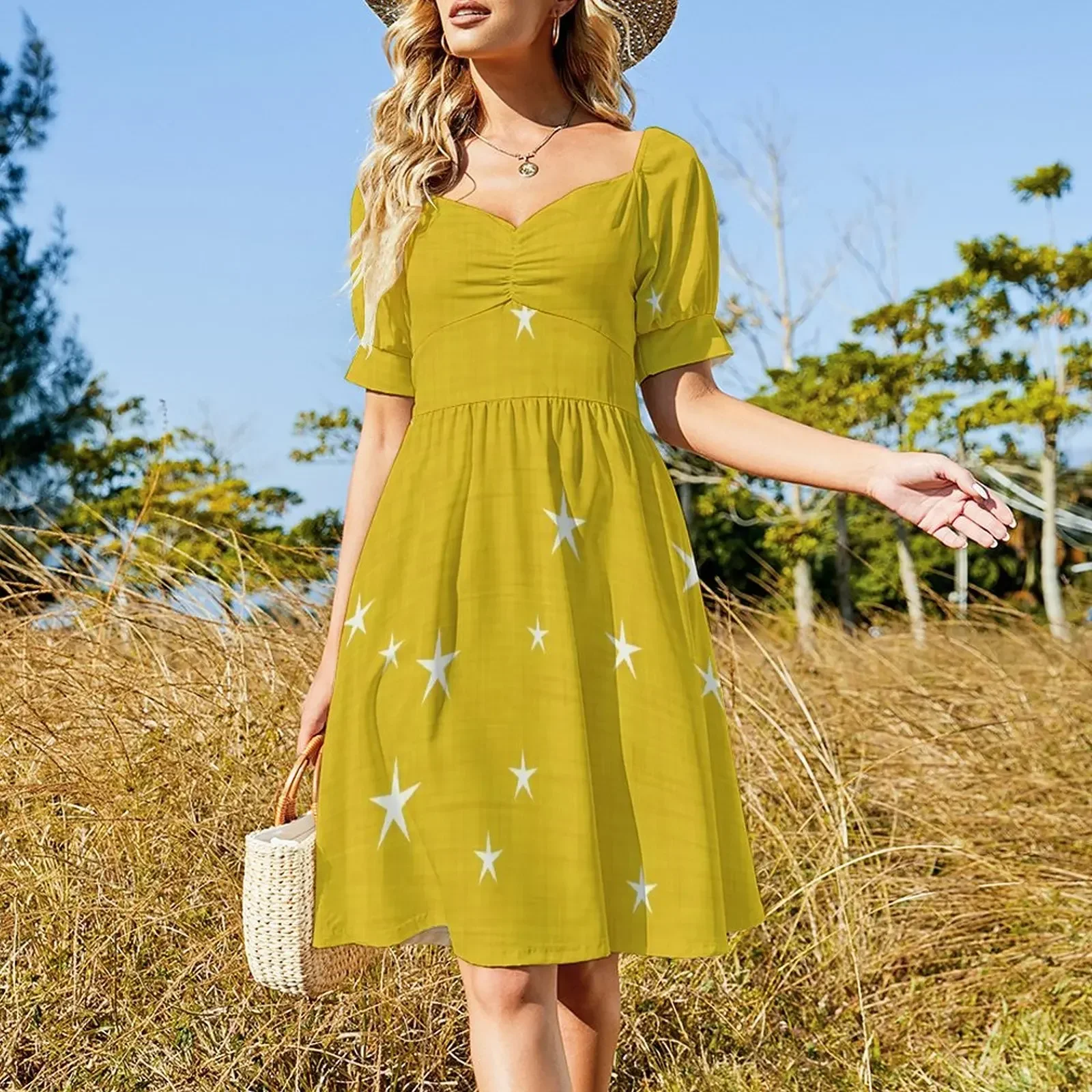 Yellow star with fabric texture - narwhal collection Sleeveless Dress Female clothing Woman dresses dresses for womens Dress